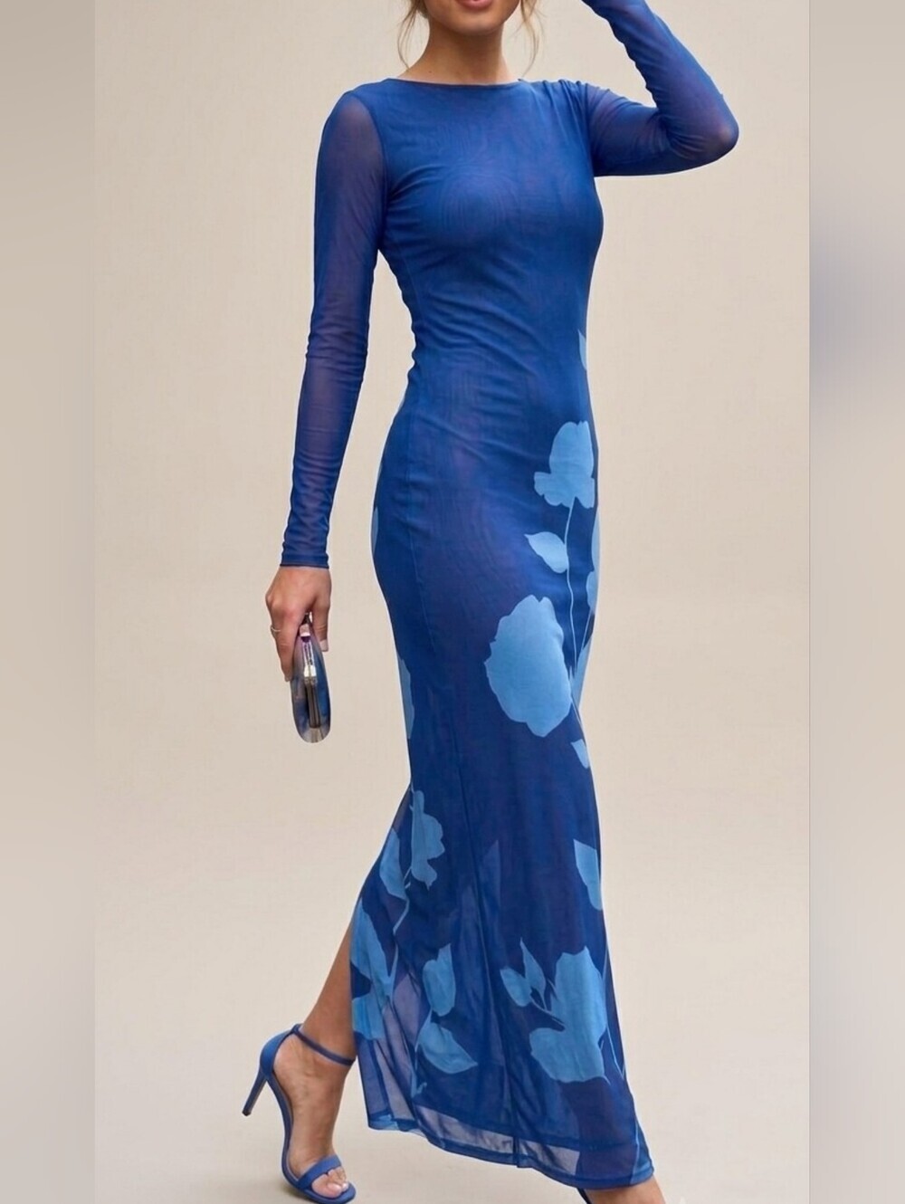 Blue Floral Mesh Long Sleeve Bodycon Maxi Dress - Size Small - NWT!